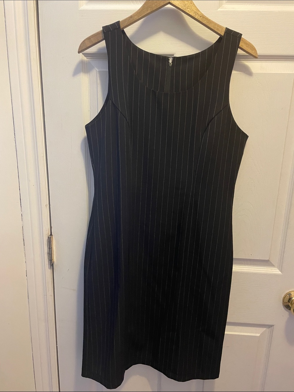 Suzy Shier Black Pinstripe Sleeveless Sheath Dress